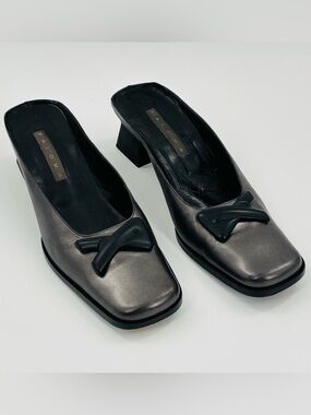 Paloma Leather Dress Shoes Closed Square Toe Block Heel Mules Metallic Gray Sz 9